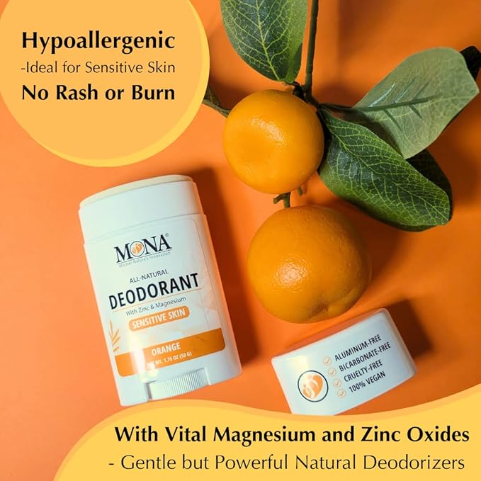 MONA BRANDS All Natural Deodorant For Women & Men | For Sensitive Skin | No Aluminum or Baking Soda | (2-Pack ORANGE 1.76 Oz each)