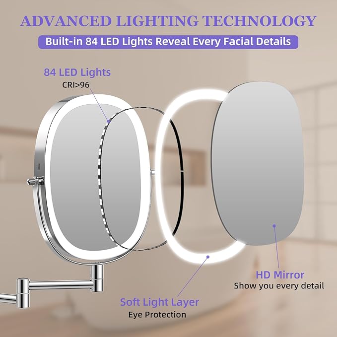FUNTOUCH 30X/1X Wall Mounted Lighted Makeup Mirror,5000mAh Rechargeable Double Sided Magnifying Bathroom Lighted Mirror, 3 Color Modes Touch Dimmable Extended Arm 360 Rotation, Chrome