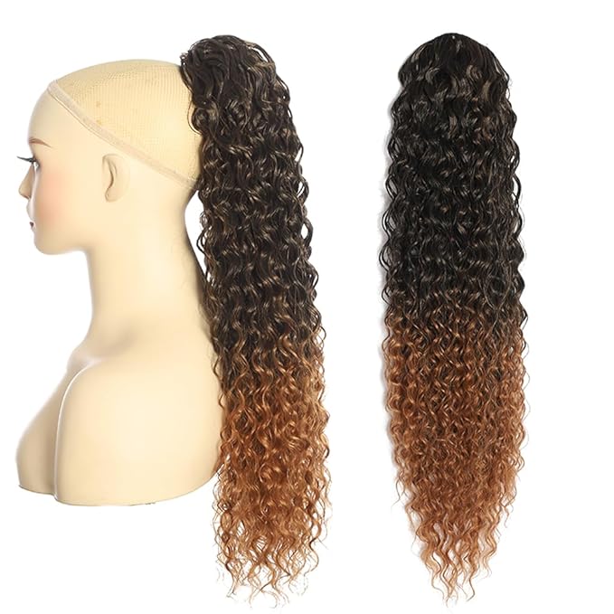 Deep Wave Ponytail Extension for Women 24 Inch Black to Brown Curly Wavy Ponytail Hair Extensions Drawstring with Clips Short Synthetic Hairpiece for Daily and Party