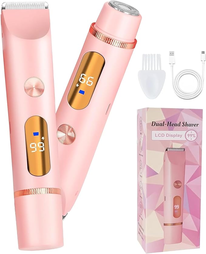 Bikini Trimmer for Women, 2 in 1 Electric Razors for Women, Rechargeable Electric Shaver, IPX7 Waterproof Wet/Dry Body Hair Trimmer for Underarm Leg Arm Body, Pink