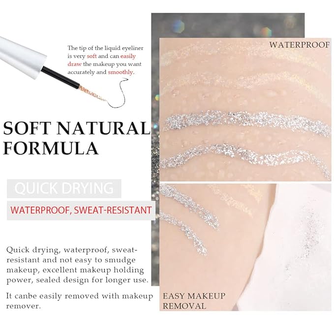 evpct 2Pcs Pearl White Silver Color Liquid Glitter Eyeliner Liners Sets for Women Liquid Sparkly Glitter Eyeliner delineador con glitter de colores para ojos colores 09+10
