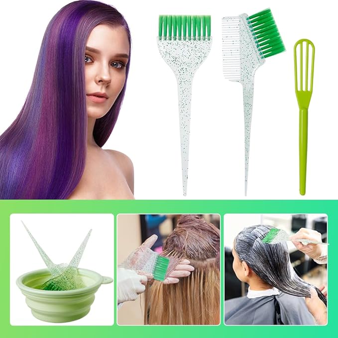 MOONMINI Hair Dye Color Brush and Bowl Set, Color Bowl Brushes Tool Mixing Bowl Kit Tint Comb for Hair Tint Dying Coloring Applicator (Green&Clear)