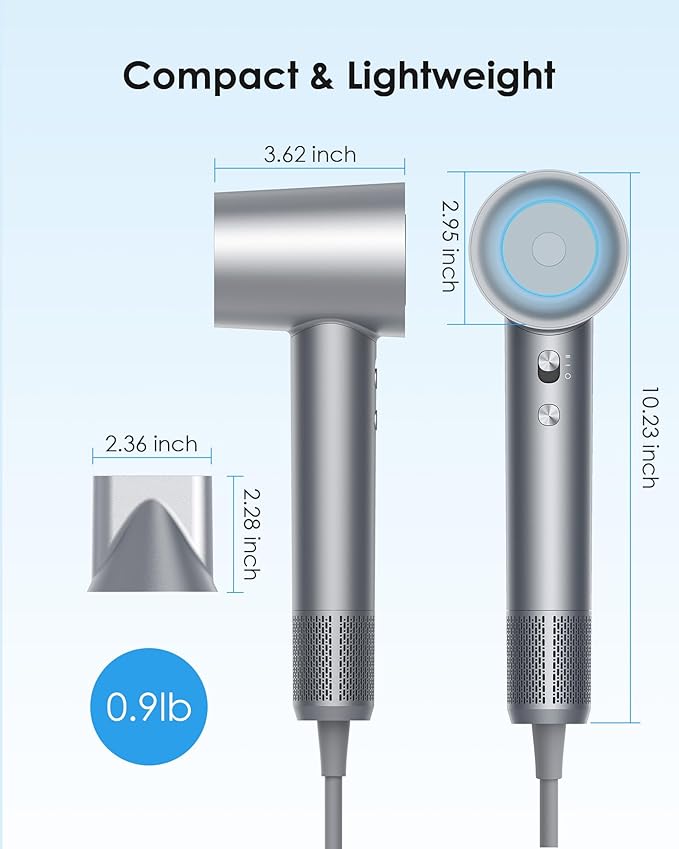 Hair Dryer, zhiyangfei Negative Ion Blow Dryer, 110, 000 RPM Brushless Motor, 3 Heat Settings, 360° Rotating Magnetic Nozzle, High-Speed Low Noise Hair Dryer for Home and Trave (Silver Blue)