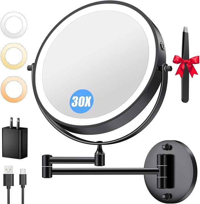 9'' 30X/1X Wall Mounted Lighted Makeup Mirror, 5000mAh Rechargeable Double-Sided Magnifying Mirror with Light, Vanity Mirror Touch Dimmable 3 Colors 360° Rotation Extended Foldable Arm, Power Adapter
