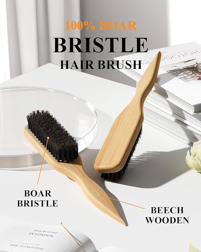 Boar Bristle Slick Back Hair Brush, Rat Tail Comb Set - Soft Bristle Smoothing HairBrush for Women & Men with Fine/Medium Hair - Wooden Teasing Brush - Tames Frizz, Sleek Flyaways, Style Edges