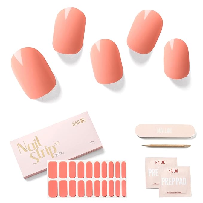 NAILOG Semi Cured Gel Nail Strips (20 Extra Long Stickers/Wraps) | Glossy & Long Lasting Soft Gel Finishing, Coral