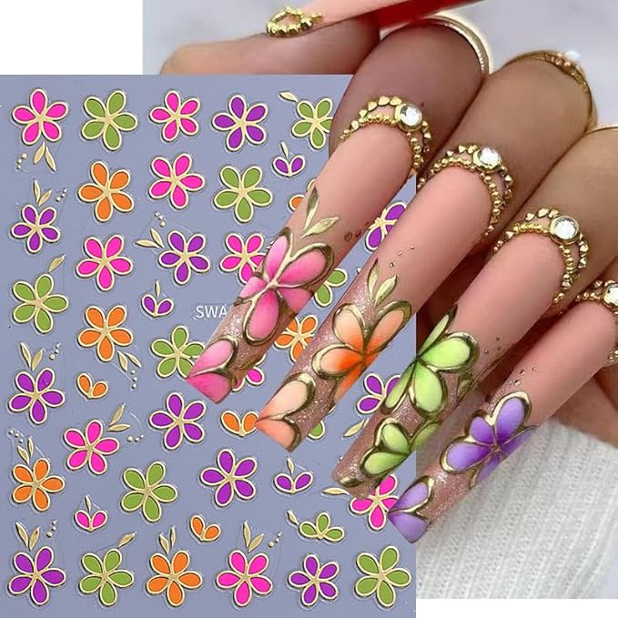 8 Sheets Flowers Nail Art Stickers Decals 3D Self Adhesive Nail Design Spring Summer Flower Nail Decals for Women DIY Manicure Tip Pink Gold Green Purple White Floral Nail Decoration