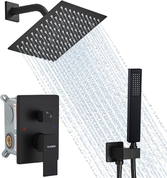 YCAIKOI Matte Black Shower System, 8 Inch High Pressure Rain Shower with Handheld, Wall Mount Shower Faucet Set for Bathroom, Rough-in Valve Body and Trim Included