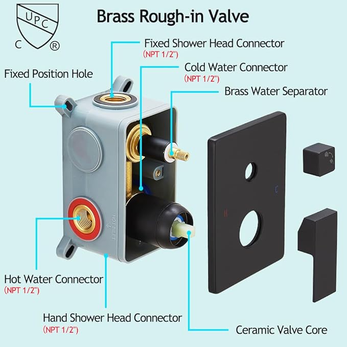 YCAIKOI Shower Faucet Set Complete, Wall Mount Shower System for Bathroom 12 Inch High-Pressure Rainfall Shower with Handheld, Rough-in Valve Body and Trim Kit, Matte Black