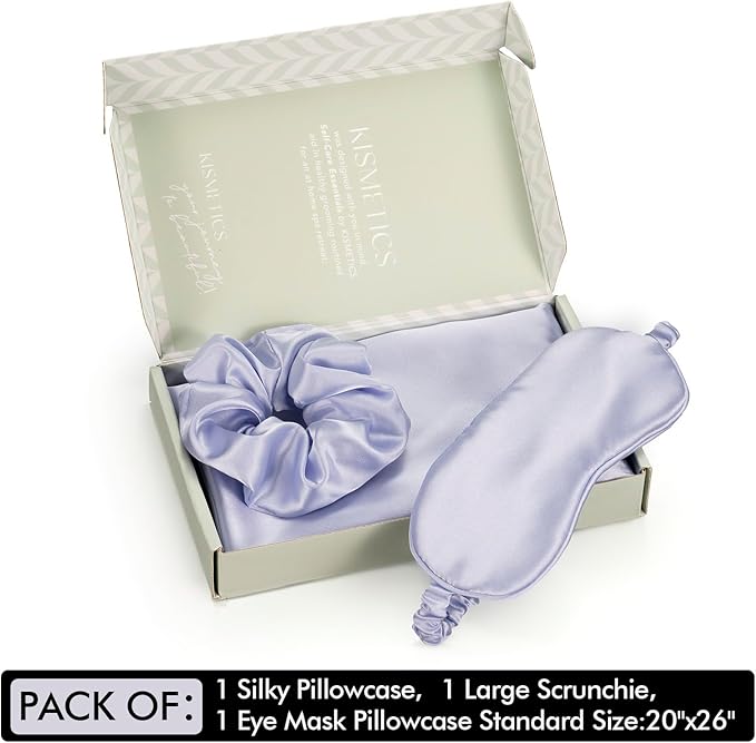 KISMETICS - Vegan Silk Sleep Set, Vegan Silk Pillowcase with Large Scrunchie and Eye Mask for Hair and Skin, Self Care Essential Satin Night Routine Kit (Purple Color)