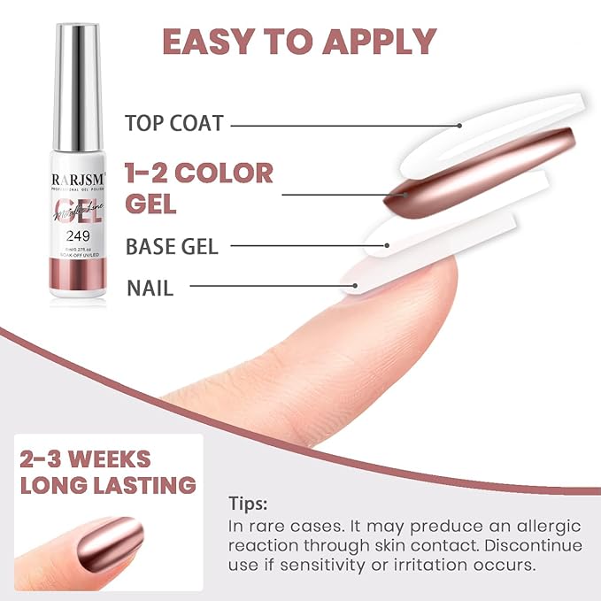 RARJSM Metallic Chrome Gel Liner Nail Art 3D Mirror Bronze Gold Rose Gold Effect Gel Nail Polish 8ml Painting Build in Thin Brush Metal Painted Drawing Striper GelPolish Curing Requires Home Salon