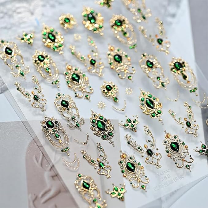 5D Embossed Gold Mace Nail Art Stickers Green Gemstone Nail Stickers for Nail Art with Green Gem Design Gold Nail Decals Manicure Decoration for Women Nails Supplise