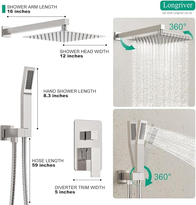 Longriver Shower Faucet Set - High Pressure 12 Inch Rainfall Shower Head with Handheld Spray, Wall Mounted Fixtures, Brushed Nickel