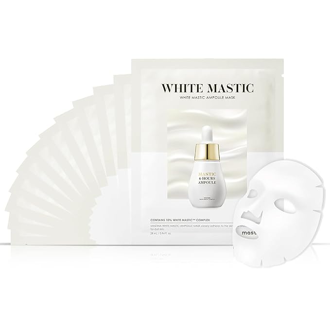 MASTINA Mastic Ampoule Face Sheet Mask (12 Pack), Korean Facial Mask Infused with a Full Bottle of Mastic Serum for Instant Hydration & Radiant Glow, For All Skin Types