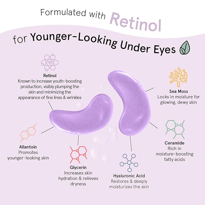 grace & stella Retinol Under Eye Patches for Puffy Eyes and Dark Circles, Restoring Gel Under Eye Masks with Hyaluronic Acid - Vegan Cruelty-Free Skincare - Valentine Party Favors (Purple, 6 Pairs)