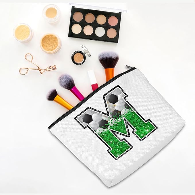 CQM Soccer Gifts Initial Makeup Bag Monogrammed Cosmetic Bag Letter M Zipper Pouch Soccer Accessories for Girls Women Player Coaches Friend Stuff Graduation Birthday Gifts