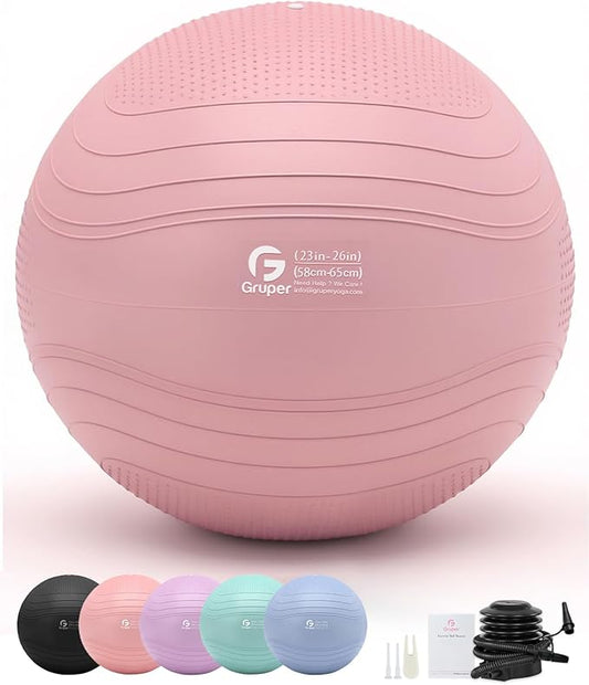 Gruper Yoga Ball, Extra Thick Exercise Ball for Workout Pregnancy Stability - 4 Sizes Anti Burst Balance Ball for Yoga, Pilates, Fitness, Birthing, Physical Therapy - Includes Pump