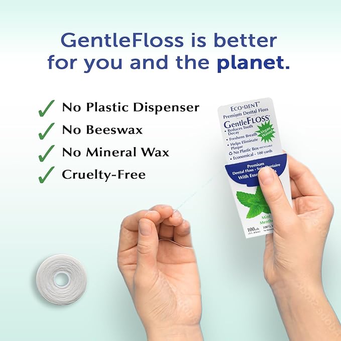 Eco-Dent GentleFloss Dental Floss, Waxed, Mint - Floss with Vegan Plant-Based Wax, Recyclable Cardboard Packaging, 100 Yds + DailyRinse Single-Use Pack