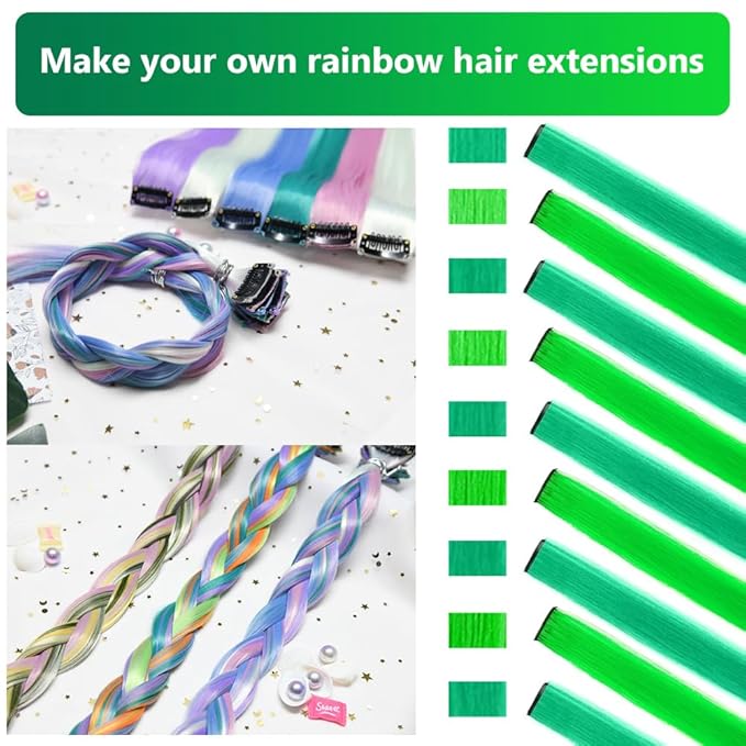 Green Hair Extensions Clip in 14 PCS, 22 In Colored St Patricks Day Party Highlights,Synthetic Long Straight Colorful Hairpieces for Girls Women Kids Cosplay Gift(Neon Green/Forest Green)