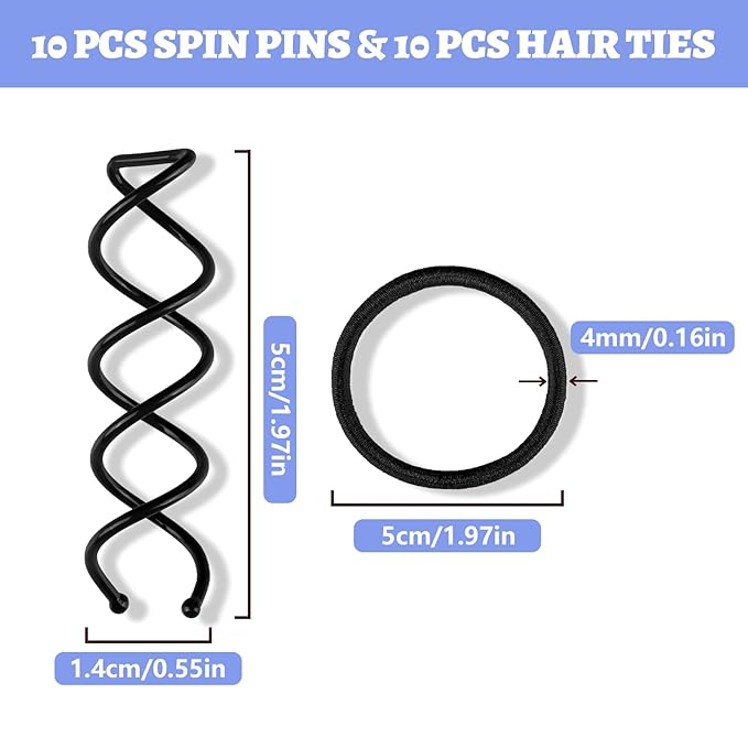 Teenitor 20PCS Spiral Hair Pins, Spin Pins for Bun, Spiral Bobby Pins Hair Bun Accessories, Hair Bun Maker for Women Girls with 10 Hair Ties, Black