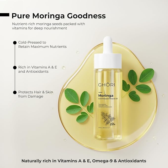 Moringa Cold Pressed Miracle Oil | Hair Growth | Frizz Control | Clear Skin | Rich in Antioxidants & Vitamins | 2 fl oz / 59ml