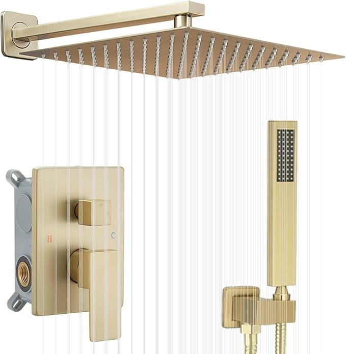 YCAIKOI Shower Faucet Set 16 Inch Wall Mount Rain Shower System, All Metal Shower Fixtures - Brushed Gold