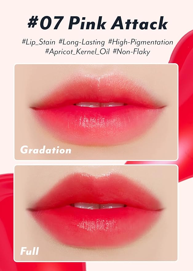 I'M MEME Color Key Ring Water Gel Lip Tint - 07 Pink Attack | Long Lasting Lip Gloss, Hydrating Glossy Finish, Kbeauty, Cute Korean Makeup, Compact, Portable Keychain, Travel-Friendly, Gift, 0.09 Oz