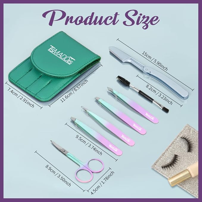 TsMADDTs 7PCS Tweezers for Women Facial Hair, Precision Tweezer Set for Eyebrows with Curved Scissor and Eyebrow Razor for Ingrown Hair
