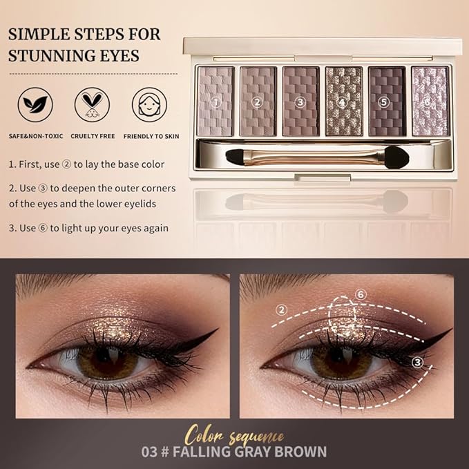 Cool Mauve Grey Eyeshadow Palette, 6 Matte & Shimmer Eye shadow – Taupe Grey, Dusty Mauve, Charcoal Plum & Silver Lilac Glitter, High Pigment, Long-Lasting Smokey Eye Makeup for Brown & Green Eyes 3