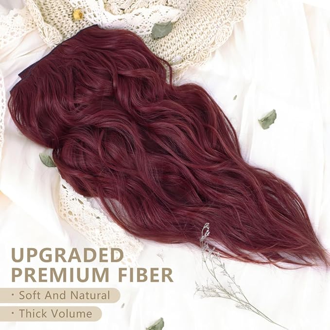 ALXNAN Clip in Long Wavy Synthetic Hair Extension 24 Inch Burgundy 4PCS Thick Hairpieces Fiber Double Weft Hair for Women
