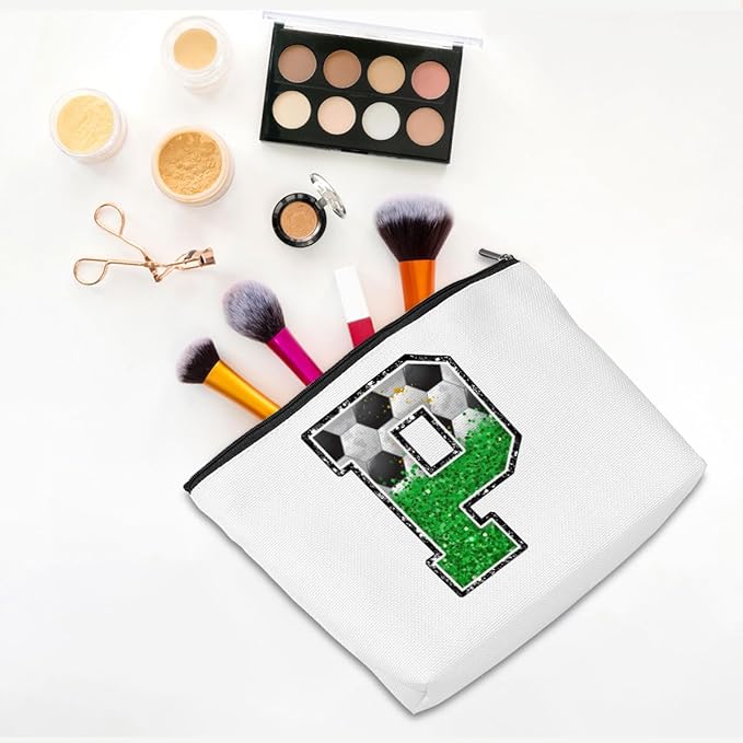 CQM Soccer Gifts Initial Makeup Bag Monogrammed Cosmetic Bag Letter P Zipper Pouch Soccer Accessories for Girls Women Player Coaches Friend Graduation Birthday Gifts