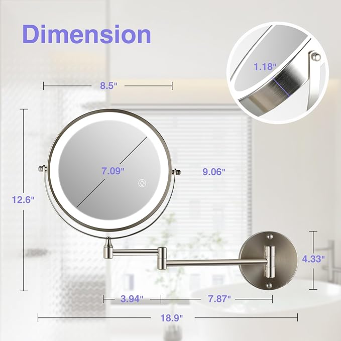 Magnifying Mirror with Lights 1X/20X: 8.5" Double Sided 2000mAh Rechargeable Wall Mounted Lighted Makeup Mirror for Bathroom, Brushed Nickel
