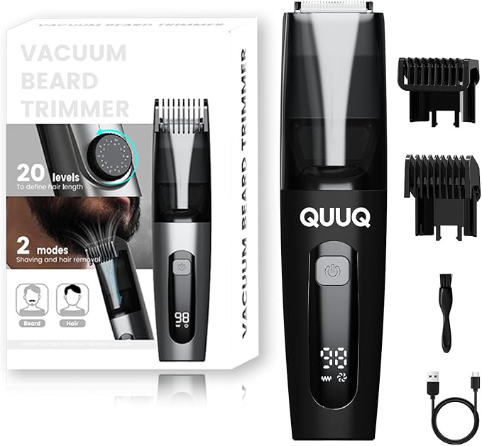 Vacuum Beard Trimmer for Men – Mustache Trimmer with Adjustable Comb - Men's Beard Trimmer Cordless - Beard Trimmer with Vacuum Precision Dial, Low Noise, Waterproof Grooming Kit