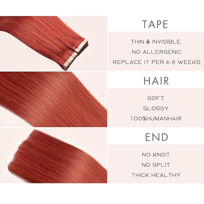 Tape in Hair Extensions Human Hair, Copper 20pcs 18 Inch Tape Ins for Women Human Hair Extensions Invisible Straight Seamless Skin Weft Remy (350#, 18 Inch)