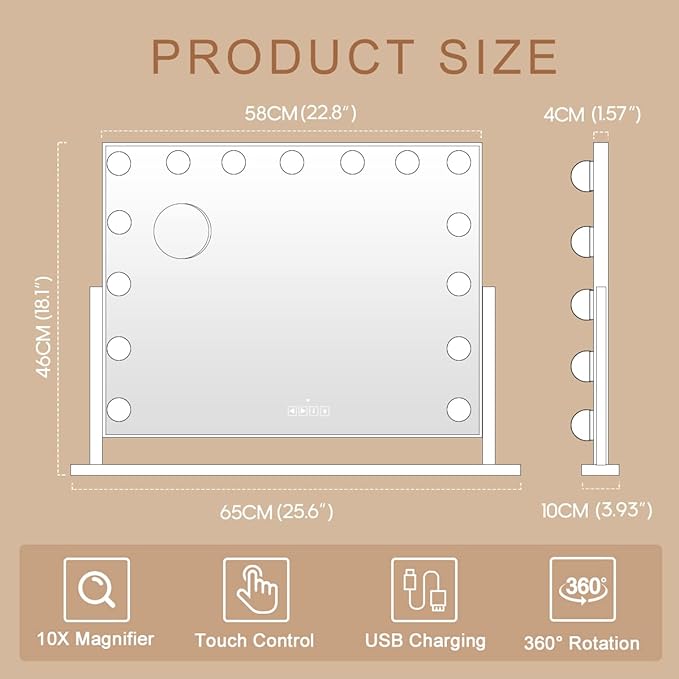 Hansong Bluetooth Vanity Mirror with Lights Hollywood Mirror with Lights and 15 Dimmable LED Bulbs Hollywood Makeup Mirror Rotation 3 Color Lighting Modes