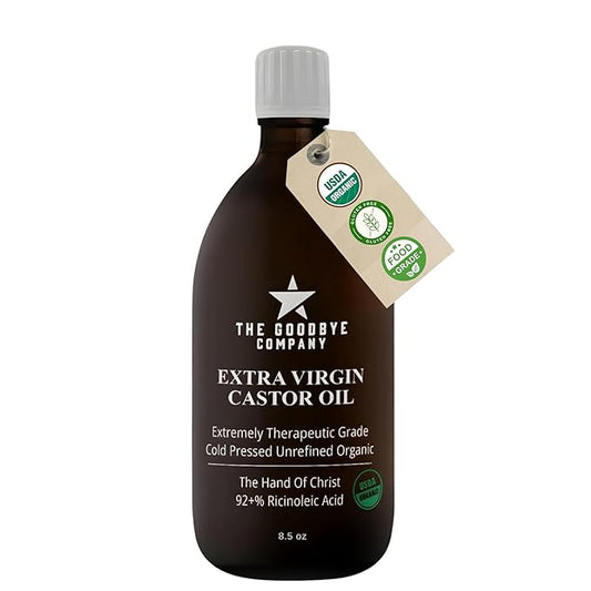 Goodbye Company USDA Organic Food Grade Cold-Pressed Castor Oil - 8.5 oz Glass Bottle, Hexane-Free, Extra Virgin, Small Batch Family Farm Ethically Sourced for Hair Growth, Digestion, Lashes, Brows