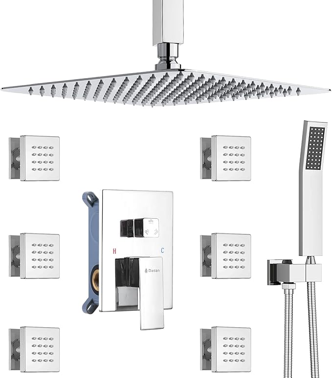 DASAN Full Body Shower System with 6 PCS Body Spray Jets & 12'' Rain Shower Head & Handheld, Ceiling Mount Rain Shower System Polished Chrome Shower Faucets Sets Complete with Valve, SA-SS03ACH-S12C