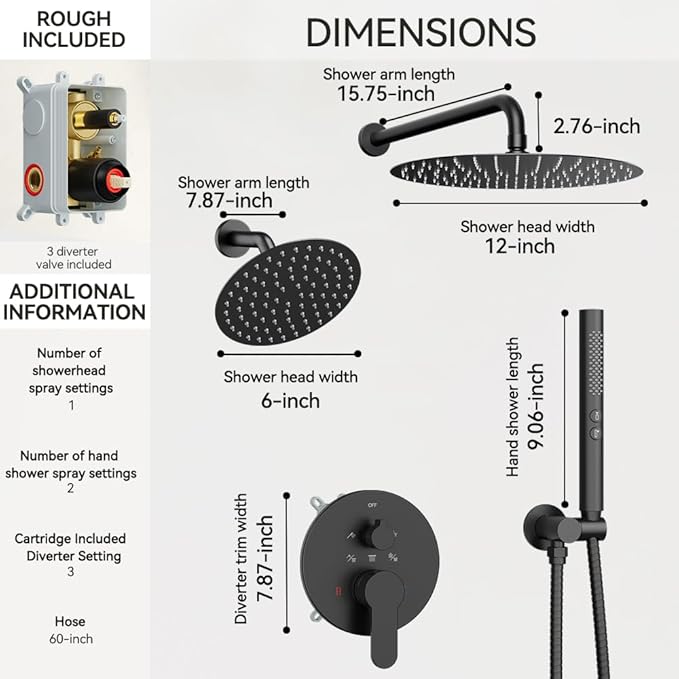Shower Systems STARBATH 12+6" Round Dual Rainfall Shower Head with Handheld Spray for Two People, Wall Mounted 3 Way Rain Shower Faucet Sets Complete, Included Valve and Trim Kit, Matte Black