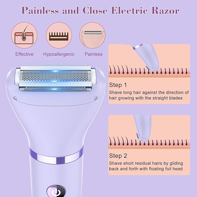 3-in-1 Electric Razor IPX7 Waterproof Bikini Trimmer Wet & Dry Use Painless Personal Trimmer Groomer for Ladies Face Body Legs Bikini Public Hairs Electric Lady Shaver with Replaceable Heads