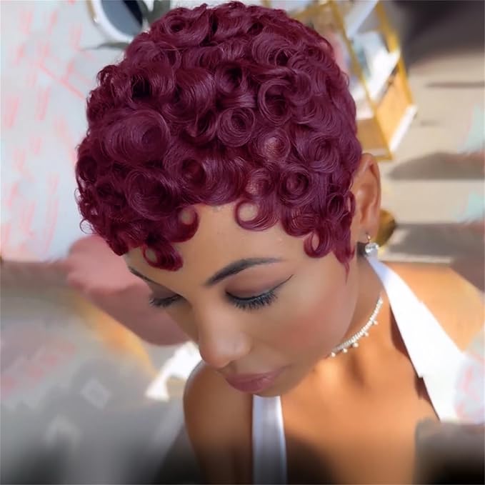 Short Curly Pixie Wig for black women human hair Burgundy Wine Red Color Short Layered Curly Wigs Glueless 99J No lace front Human Hair Pixie Cut Wig