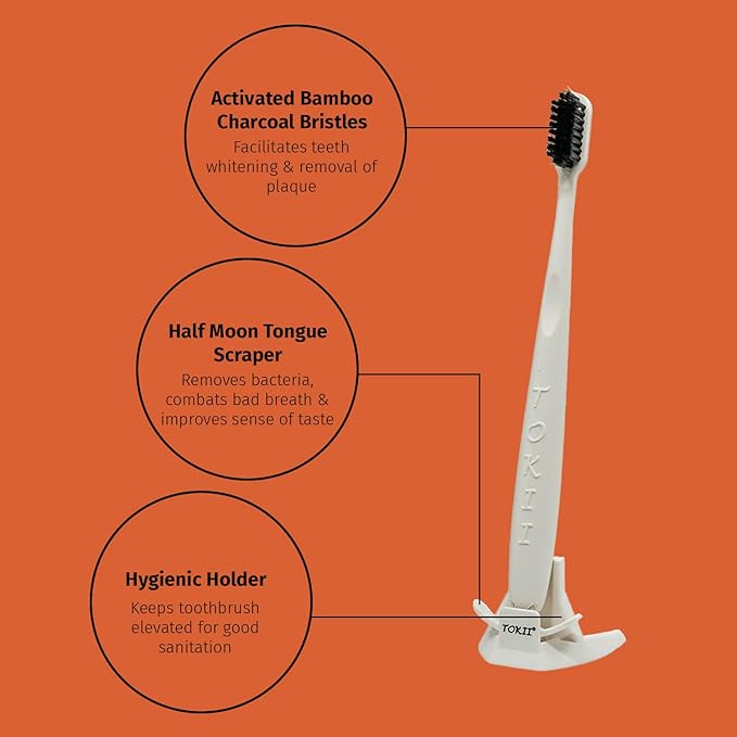 TOKII Tongue Scraper Cleaner Charcoal Bristles Toothbrush for Bad Breath with Waterproof Pouch for Travel, Hygienic Stand and Enviromentally Friendly (White, Pack of 2)