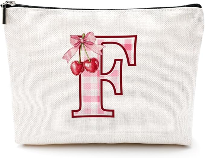 CQM Initial Makeup Bag Monogram Cosmetic Bag Monogrammed Gifts for Women Girls Best Friends Coworker Personalized Travel Toiletry Bag Christmas Bridal Shower Wedding Bridesmaid Gifts, Cherry F