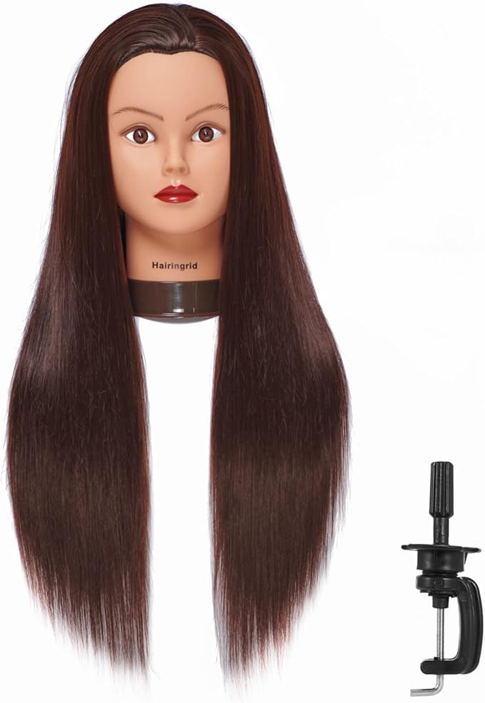 Hairingrid 26"-28" Mannequin Head Hair Styling Training Head Manikin Cosmetology Doll Head Synthetic Fiber Hair and Free Clamp Holder Stand (R71919LB0420) Dark brown-