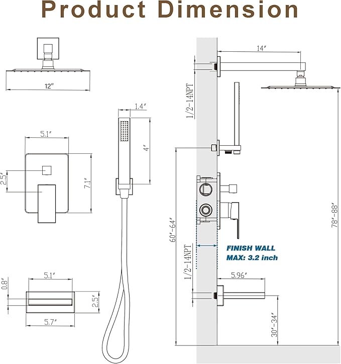 HoliSpa Gold Tub Shower System, All Metal Tub Shower Faucet Set with 12" Rain Shower Head and Handheld Spray combo, Wall Mounted Shower Systems with Tub Spout, Valve and Trim Kit, Brushed Gold