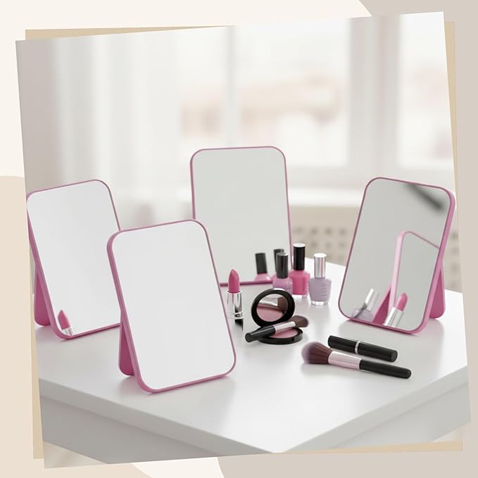 12 Pack Desktop Makeup Mirror Bulk 90° Adjustable Portable 8" Vanity Table Mirror with Stand, Folding Travel for Makeup Party Spa Party, Women, Cosmetics Personal Beauty (Pink)
