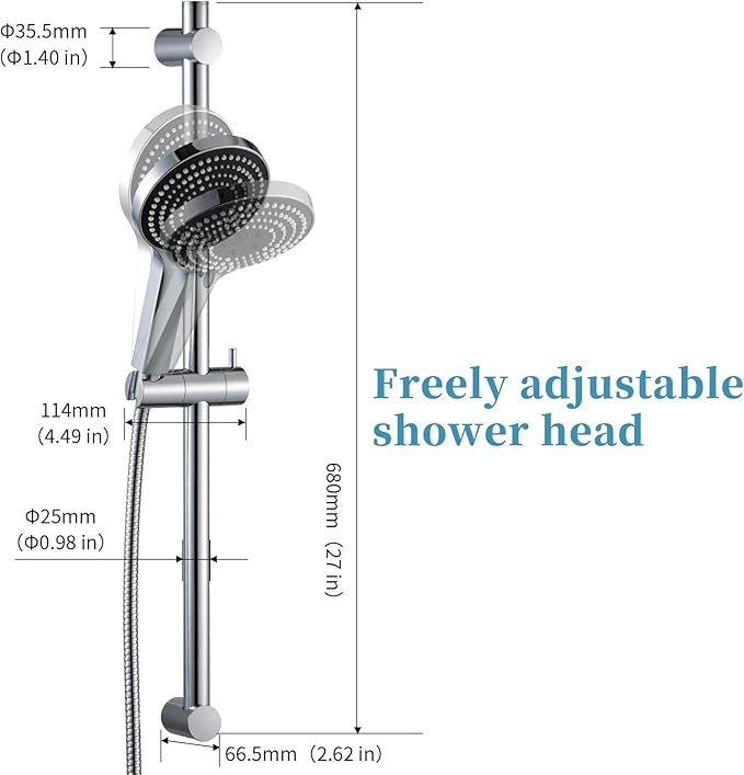 OFFO Shower Slide Bar Combo, Adjustable 27 in Slide Bar with 6-Mode High Pressure Handheld Shower Head and 60 in Stainless Steel Hose, Screw Wall Mounted, Chrome