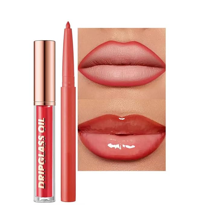 Red Lip Liner Lip Gloss Set, Lip kit with Lip Oil Lip Liner, Plumping Lipgloss lip Pencil Waterproof Long Lasting Smudgeproof (10# red)