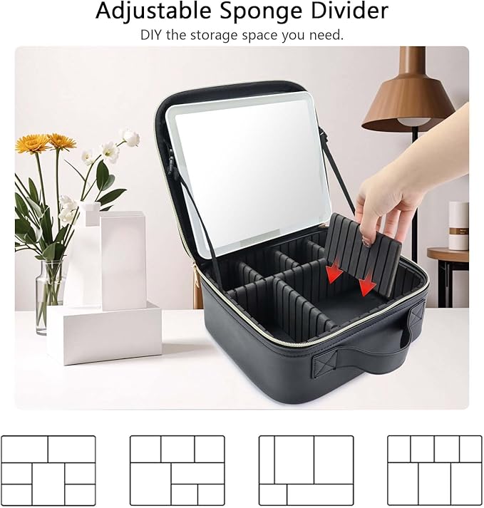 SLUMAZI Travel Makeup Bag with LED Mirror Travel Makeup Organizer with 3 Lighted Settings, Adjustable Dividers and Makeup Brush Storage Bag Black