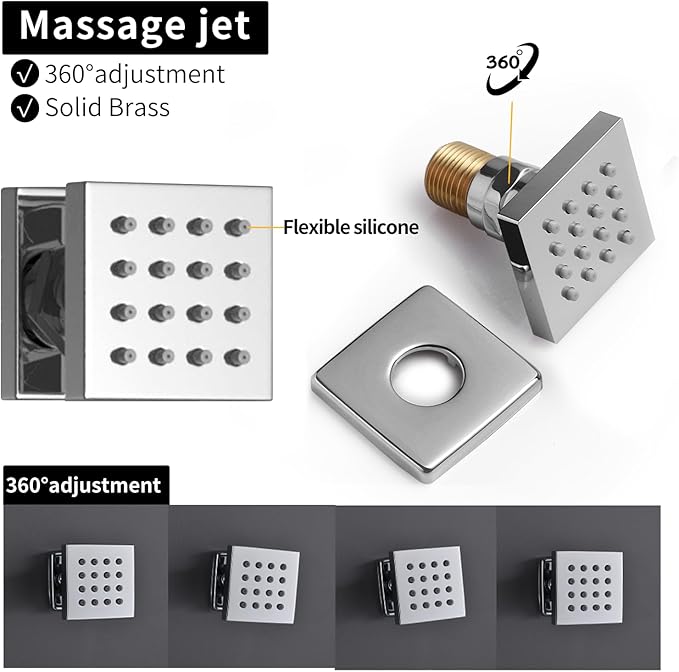 HONGTONGSOWER Bathroom Rainfall Shower System Wall Mount 8 Inch Shower Head With Handled Spray 6 Pcs jets Temperature Display Shower Faucet Set (Chrome)