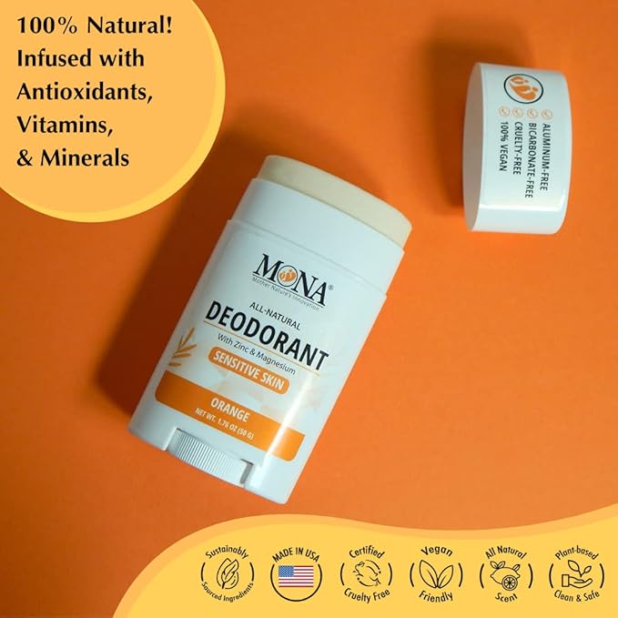 MONA BRANDS All Natural Deodorant For Women & Men | For Sensitive Skin | No Aluminum or Baking Soda | (2-Pack ORANGE 1.76 Oz each)